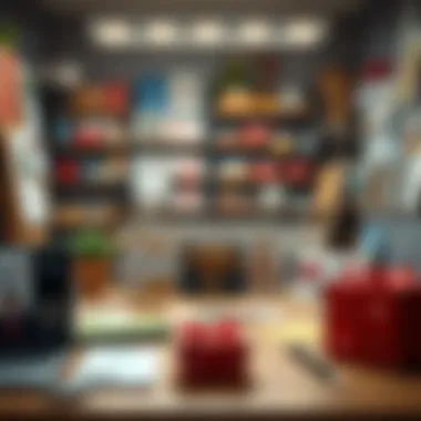 Creative Workspace for Gift Card Prototyping A creative workspace with various gift card prototypes displayed