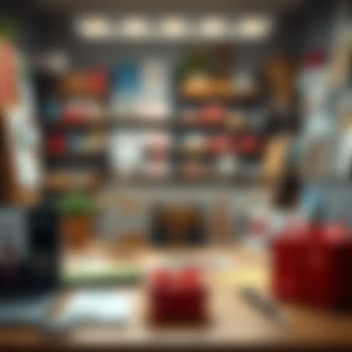 Creative Workspace for Gift Card Prototyping A creative workspace with various gift card prototypes displayed