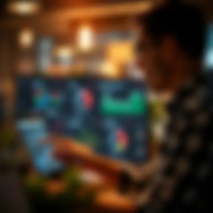 Analyzing Gift Card Sales Business owner analyzing gift card sales performance on a digital dashboard.