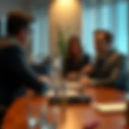 Confident business discussion in a professional setting