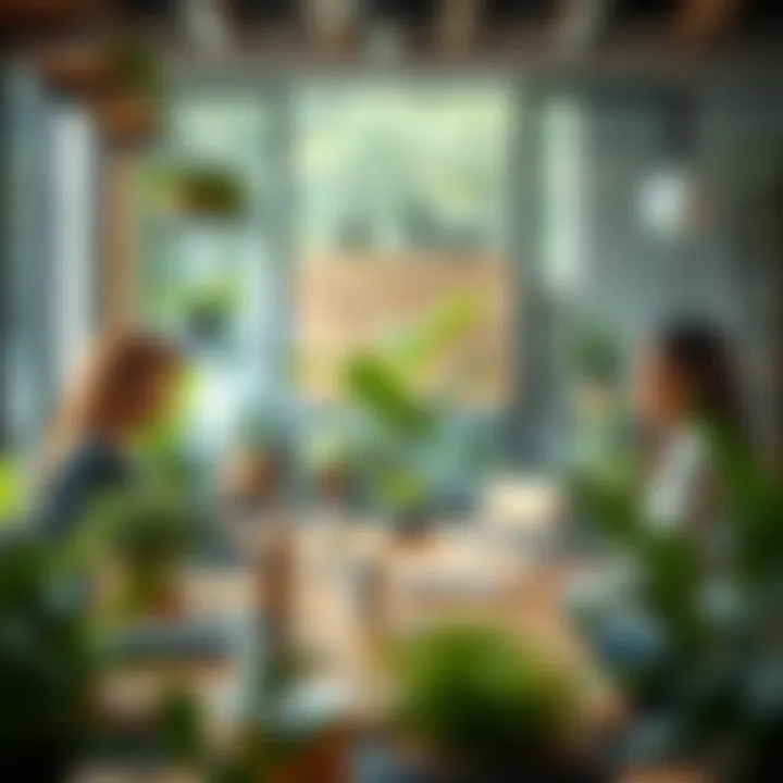 Promoting Employee Well-Being in an Eco-Conscious Environment An eco-friendly workspace emphasizing green practices and employee satisfaction.