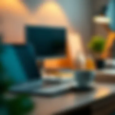 A well-organized workspace with a laptop and coffee, symbolizing productivity.