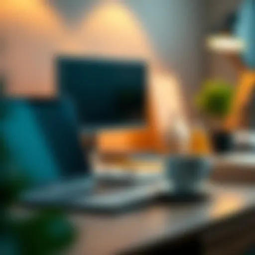 A well-organized workspace with a laptop and coffee, symbolizing productivity.